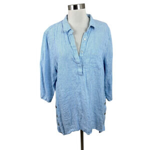 J. Jill Love Linen Blue White Stripe 100% Linen Button Tunic Size Large Coastal